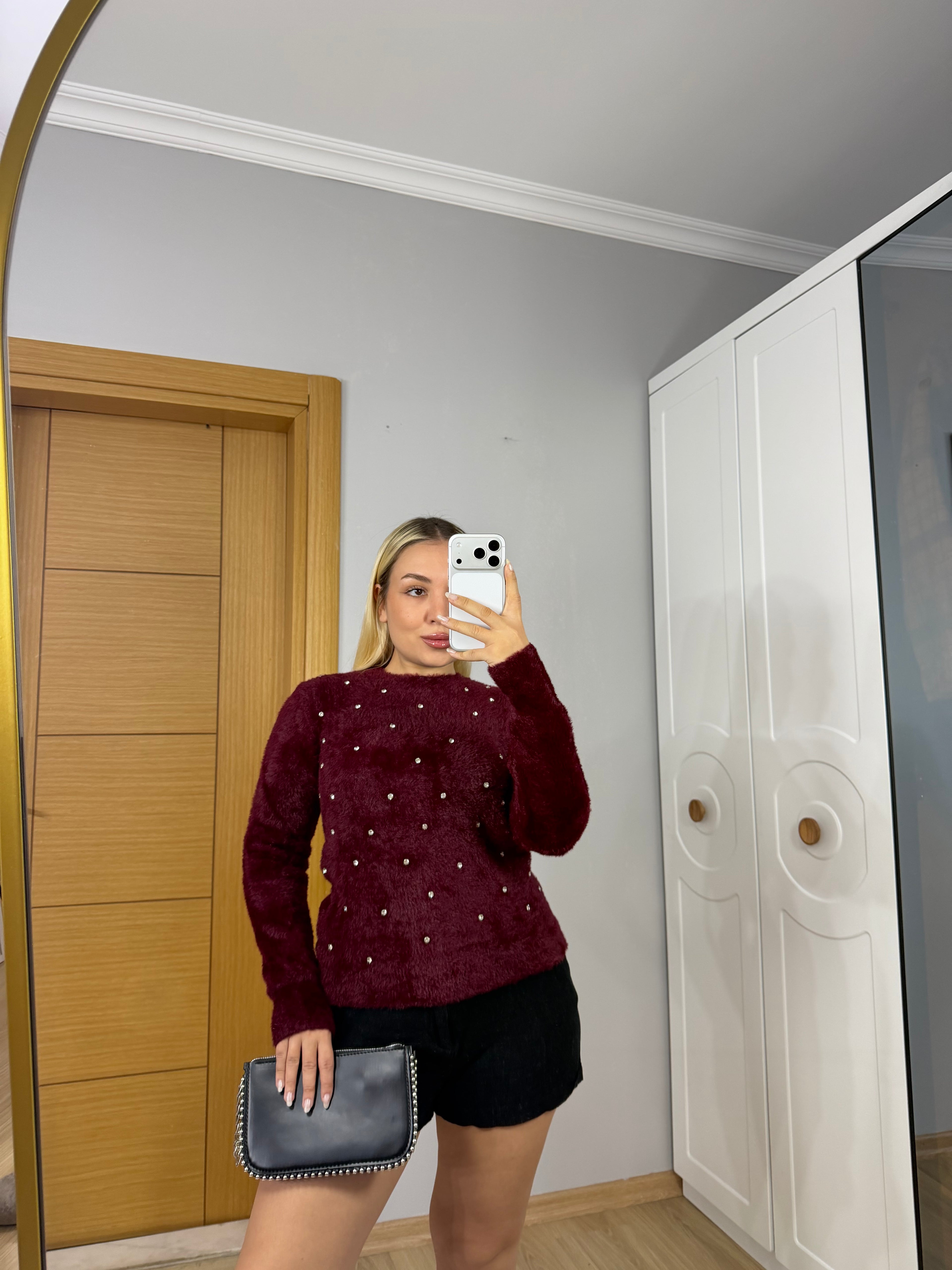 Taş Detaylı Yumoş Yumuşak Dokulu Kazak – Bordo