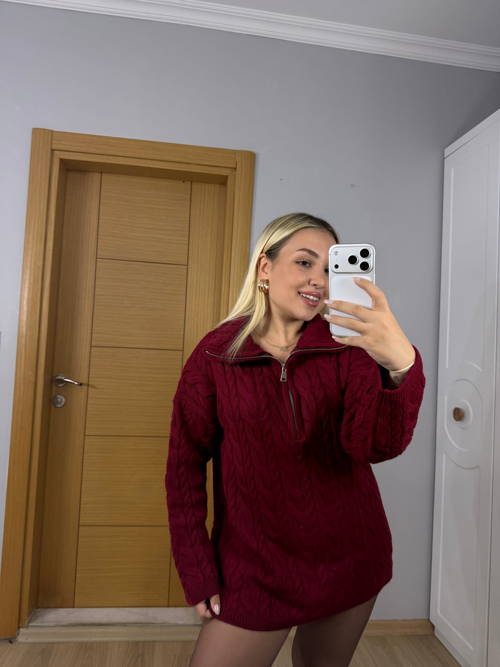 Fermuarlı Yaka Saç Örgü Triko Kazak – Bordo