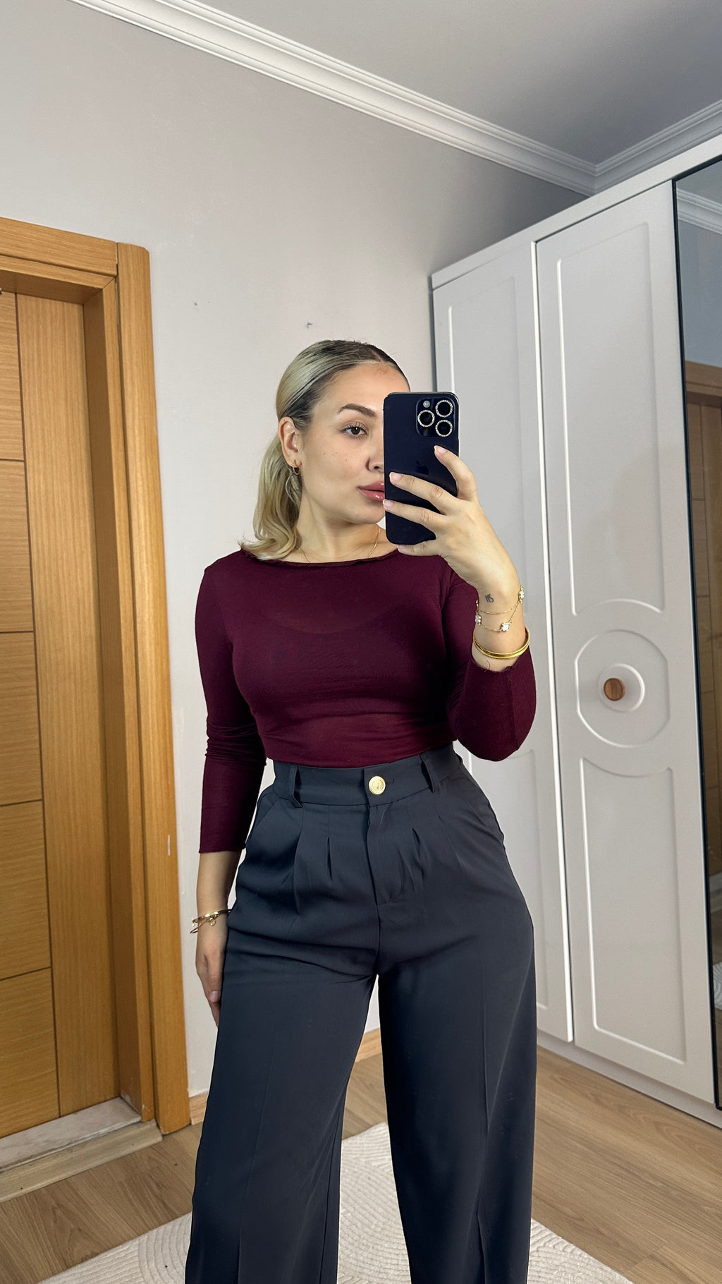 Gold düğme detaylı gri palazzo pantolon