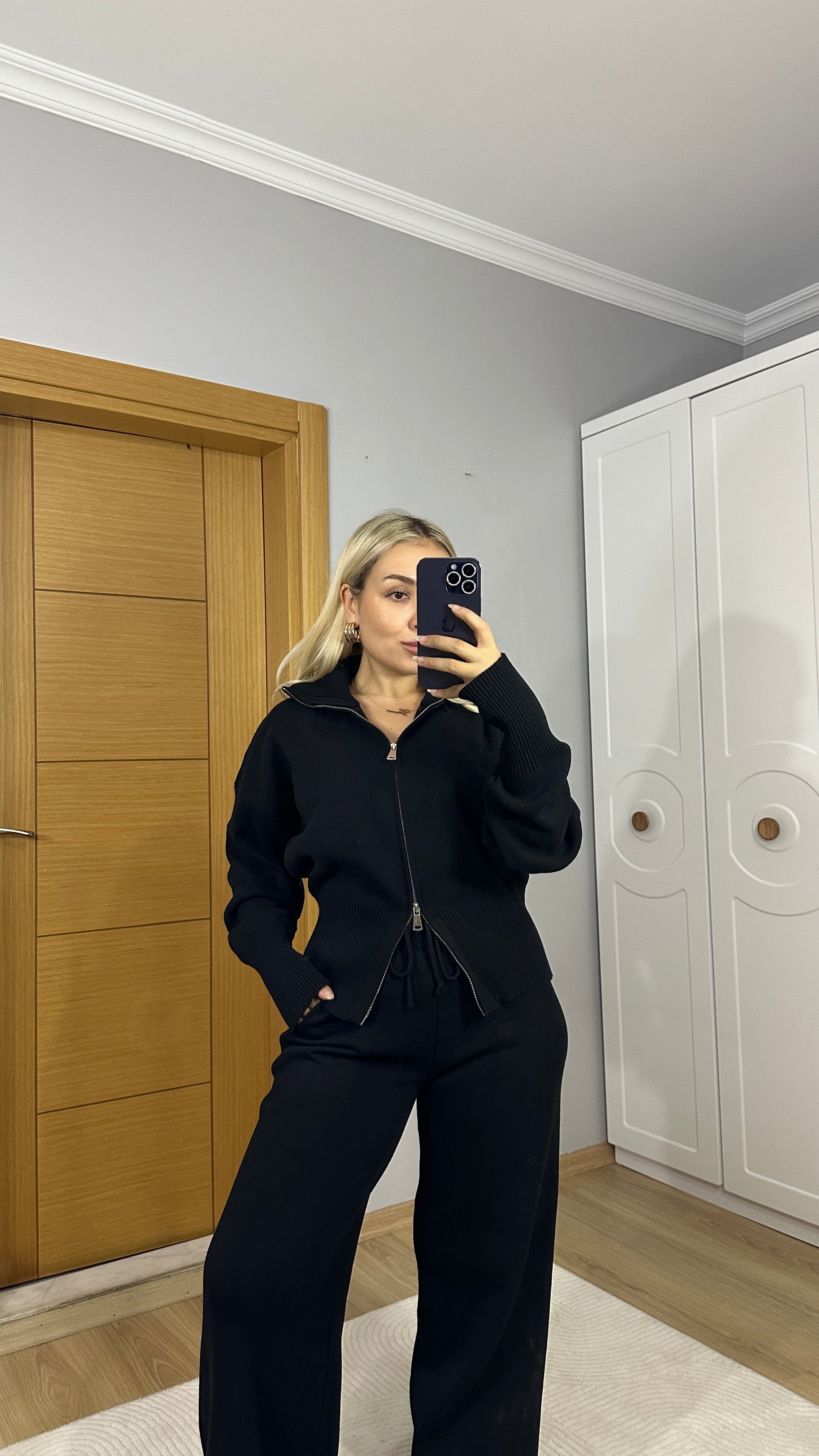 Çift fermuarlı triko takım - Siyah