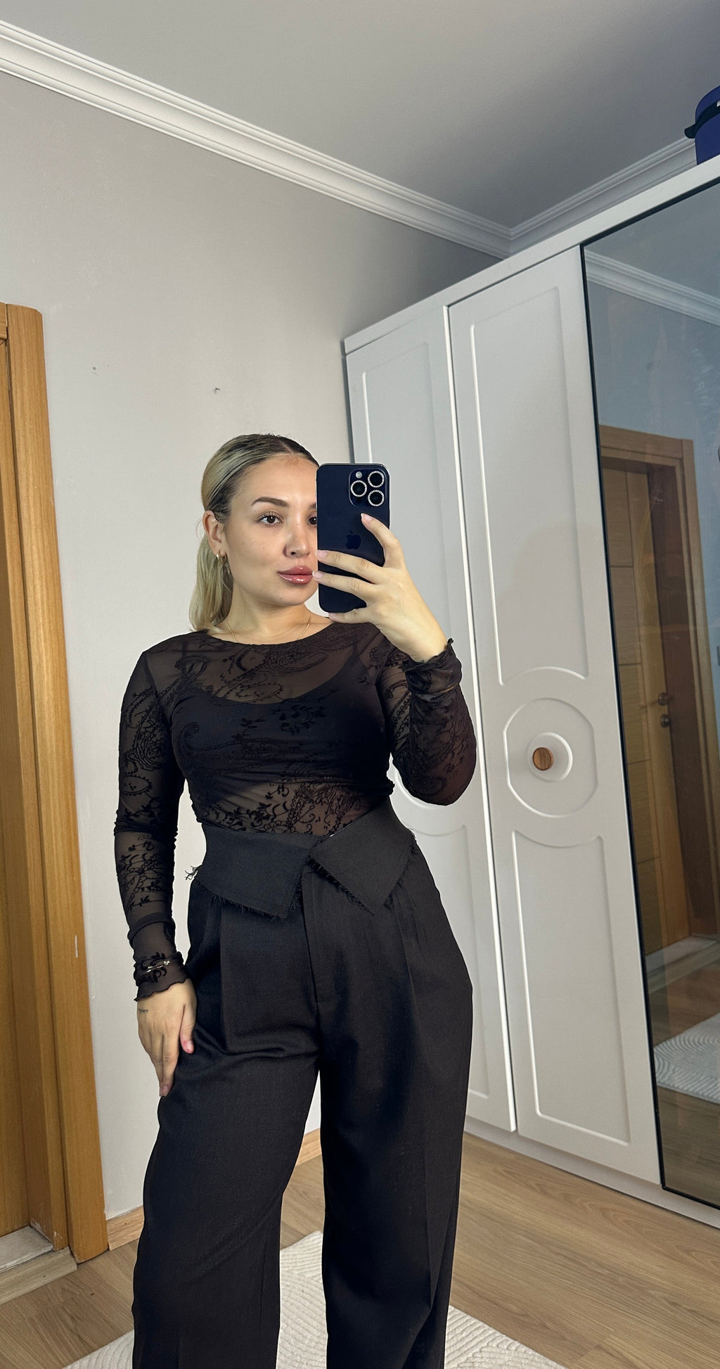 Bel vurgulu modern palazzo pantolon - Tok kumaş