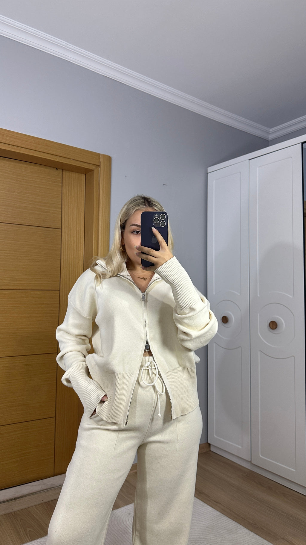 Çift fermuarlı triko takım - Krem